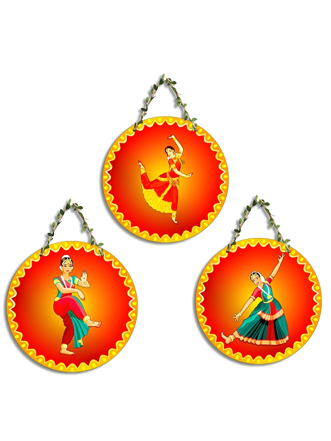 

SEHAZ ARTWORKS New circle Red & Yellow 3 Pieces Printed Wooden Wall Hanging Decor