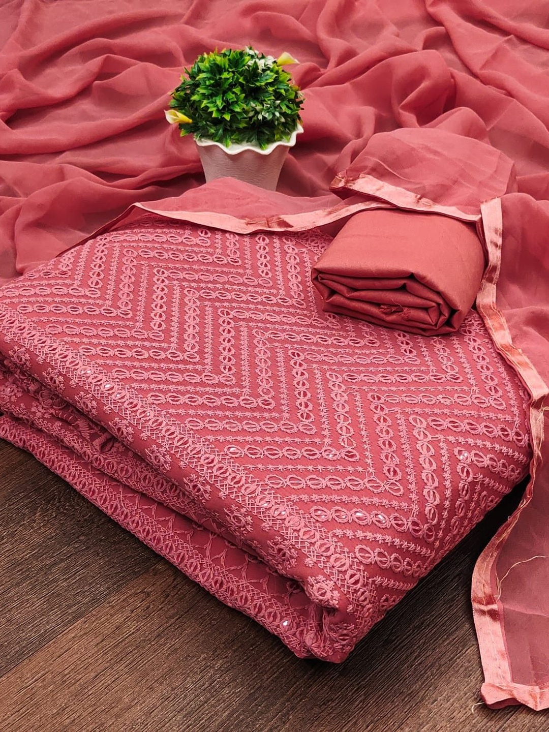 

ZEEPKART Silk Georgette Unstitched Dress Material, Pink