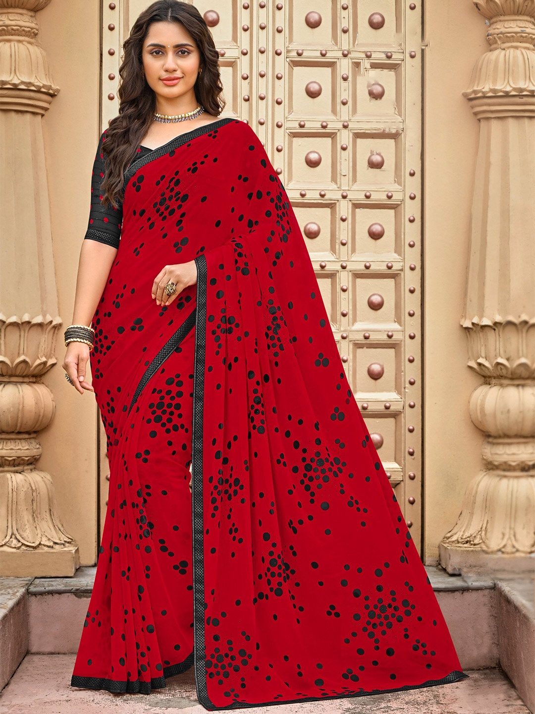 

Laxmipati Polka Dot Beads and Stones Poly Chiffon Saree, Red