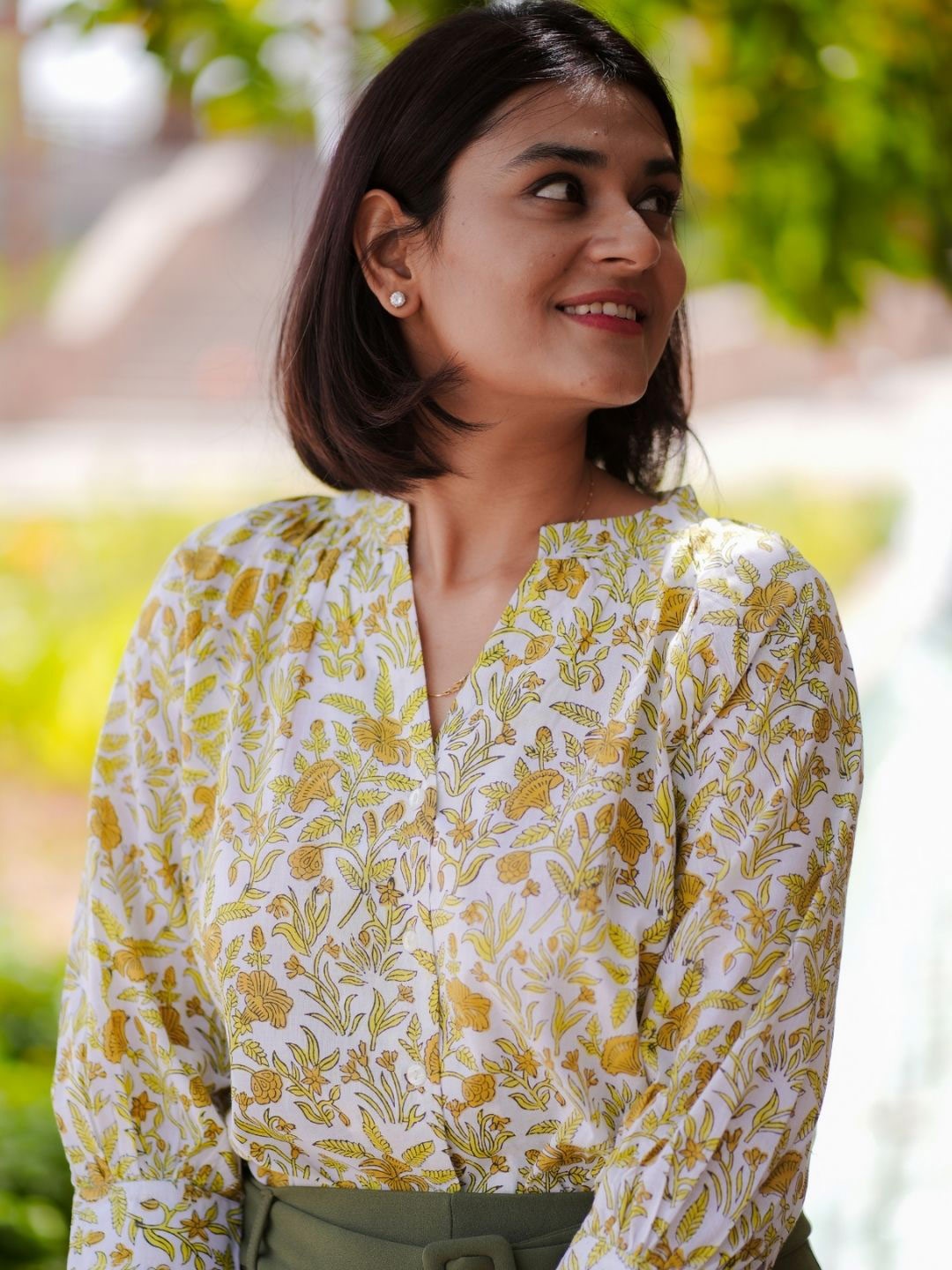 

SASSY SAJJA Floral Print Mandarin Collar Cotton Top, Multi