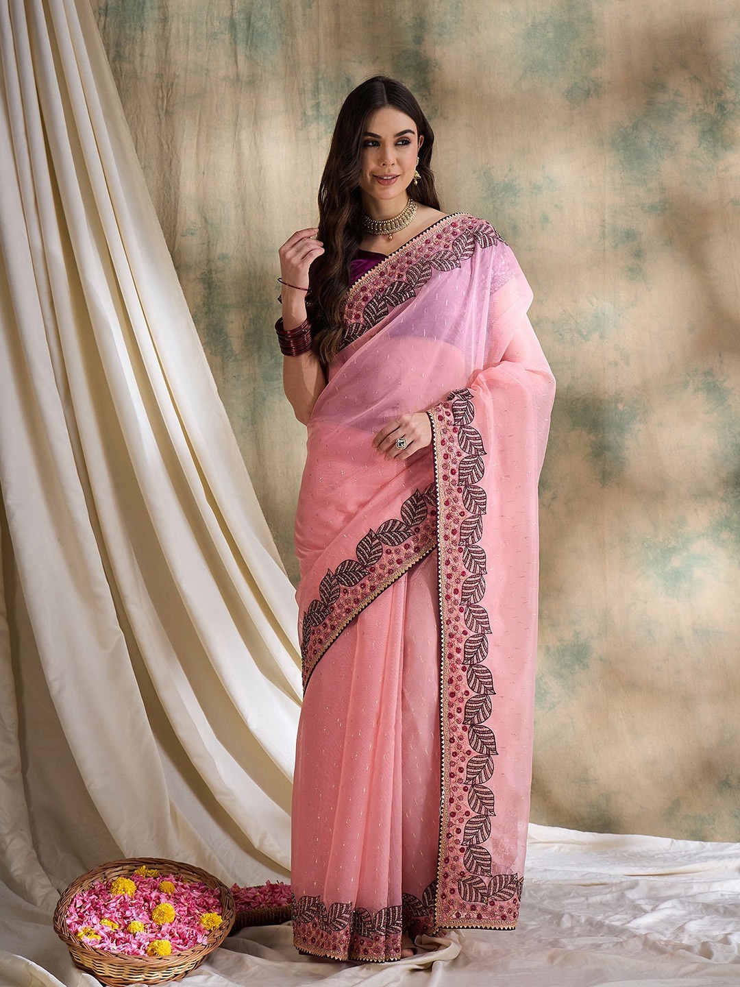 

Suha Embellished Zari Organza Saree, Pink