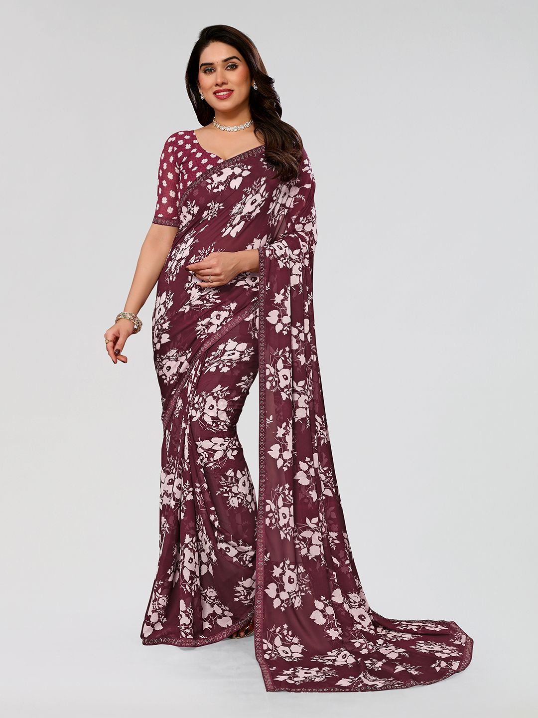 

ANAND SAREES Floral Mukaish Pure Georgette Saree, Maroon