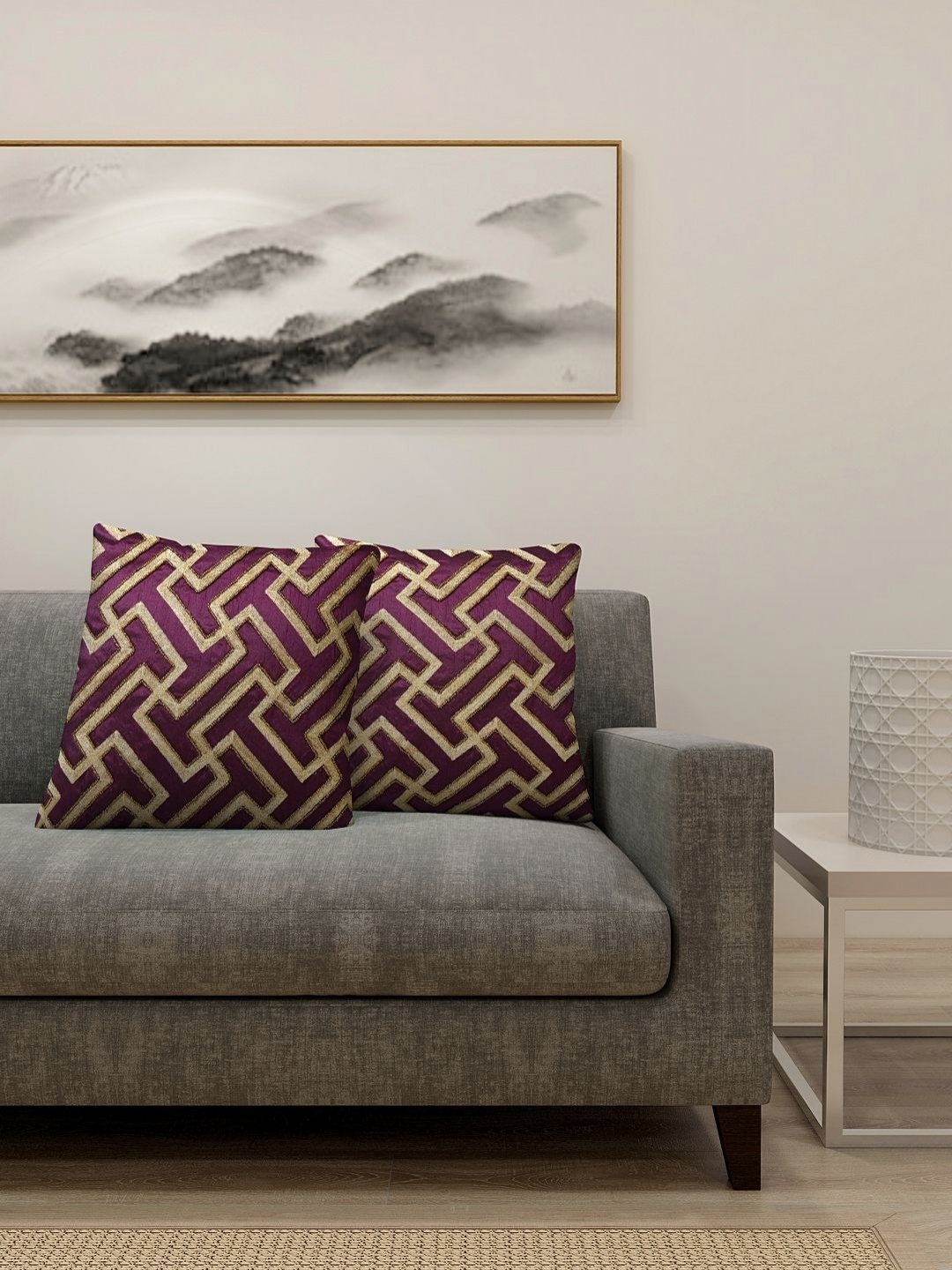 

Aura Purple & Gold-Toned 2 Pieces Embroidered Cotton Silk Square Cushion Covers