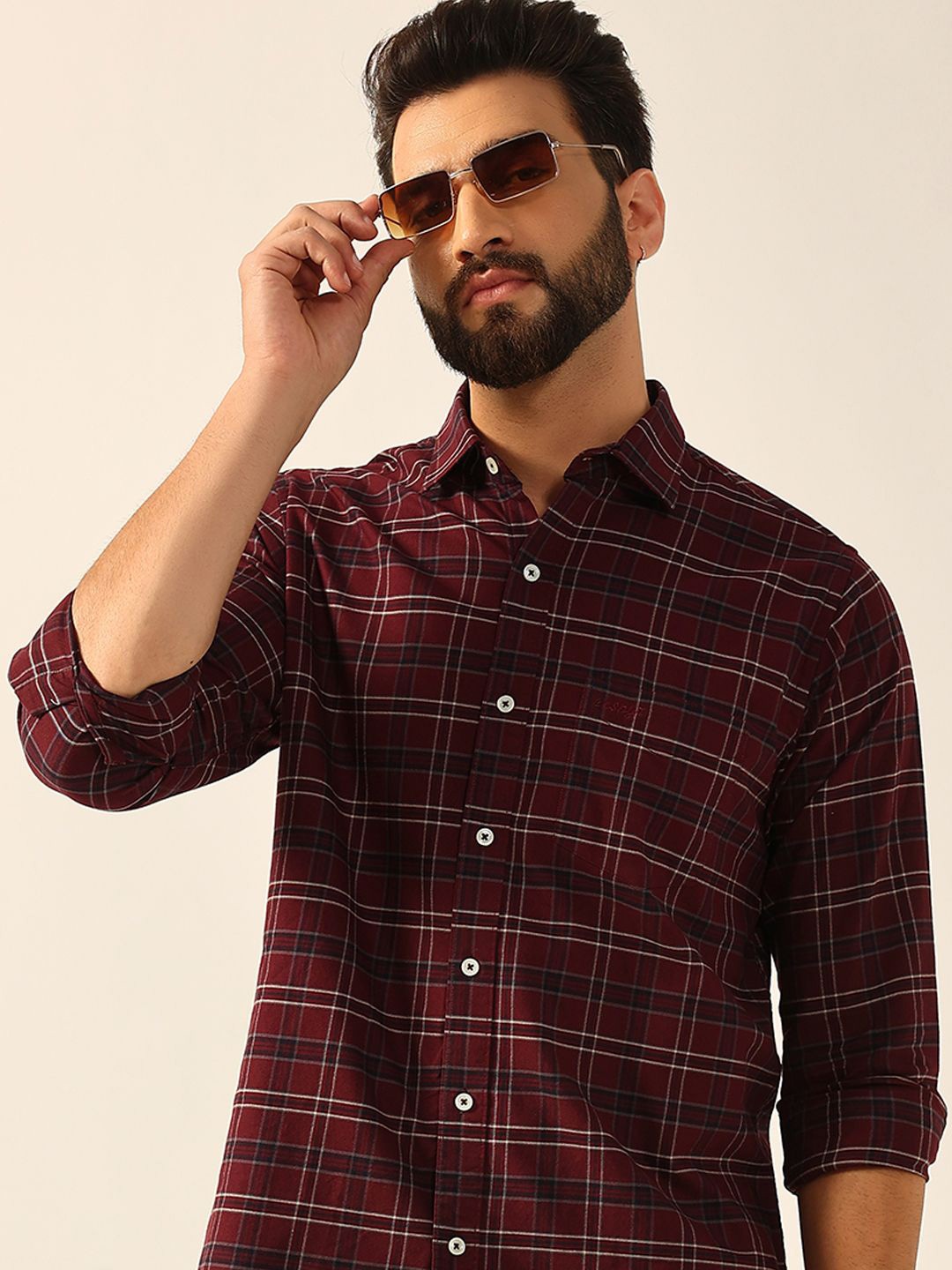 

ENSPYR Men Opaque Checked Casual Shirt, Maroon