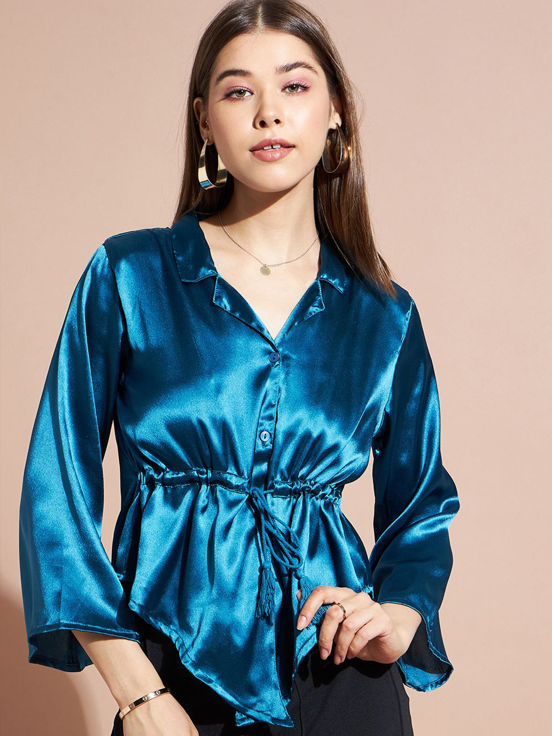 

DressBerry Women Shirt Collar Flared Sleeves Shirt Style Top, Teal