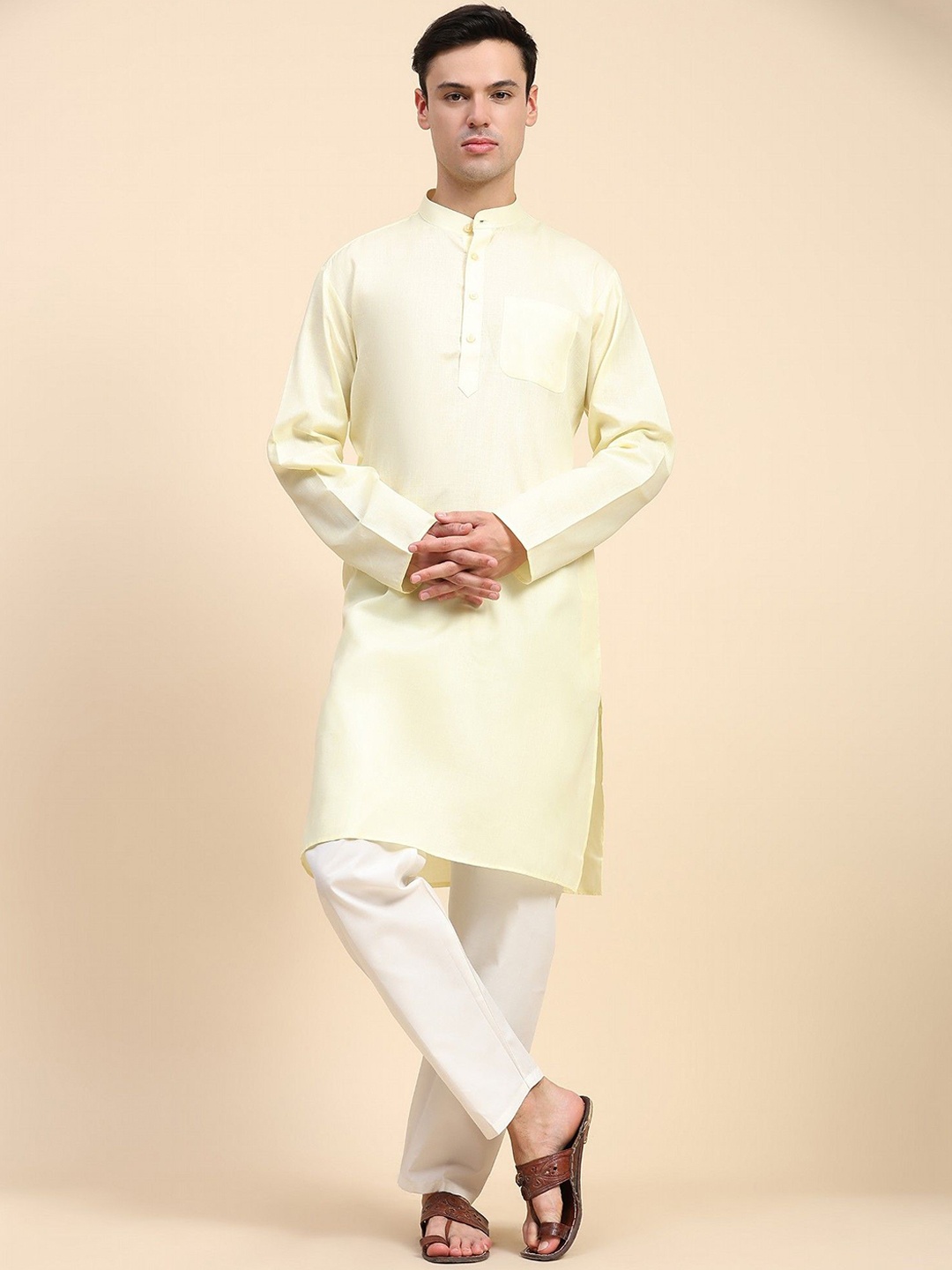 

SKAVIJ Men Regular Pure Cotton Kurta with Pyjamas, Beige