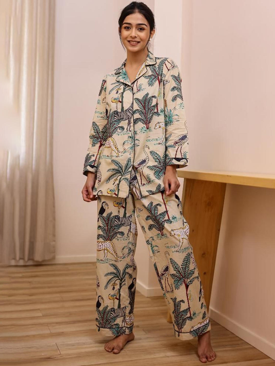 

FLAVIA CREATION Printed Lapel Collar Long Sleeves Pure Cotton Shirt With Pyjama, Beige