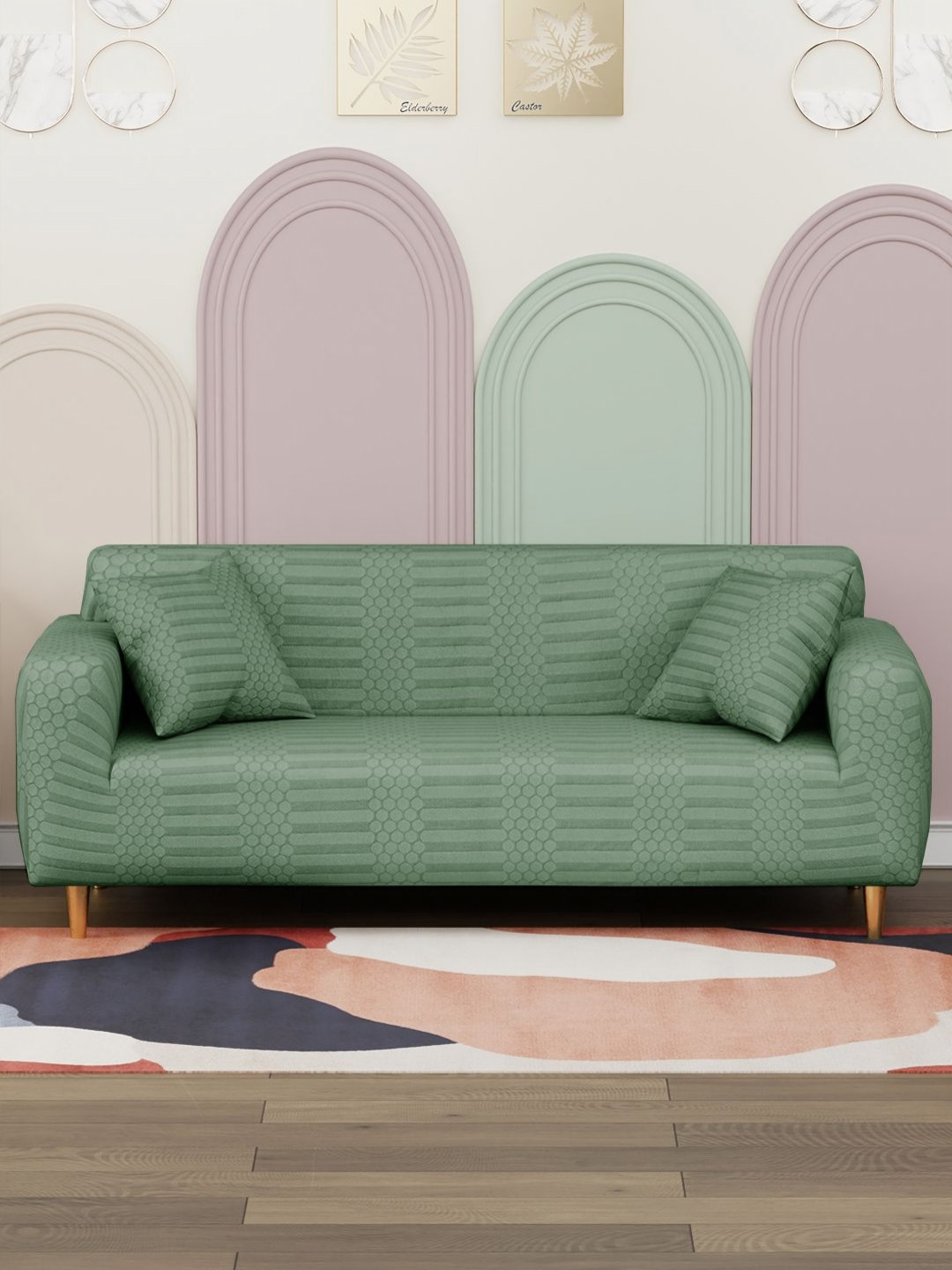 

Myntra Elegant Homes Green Dotted Stripe Three Seater Sofa Cover With 2 Cushion Covers