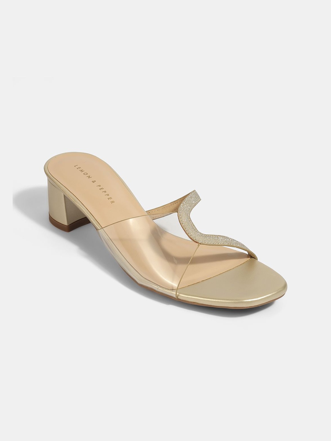 

LEMON & PEPPER Embellished PU Party Block Heel Sandals, Gold