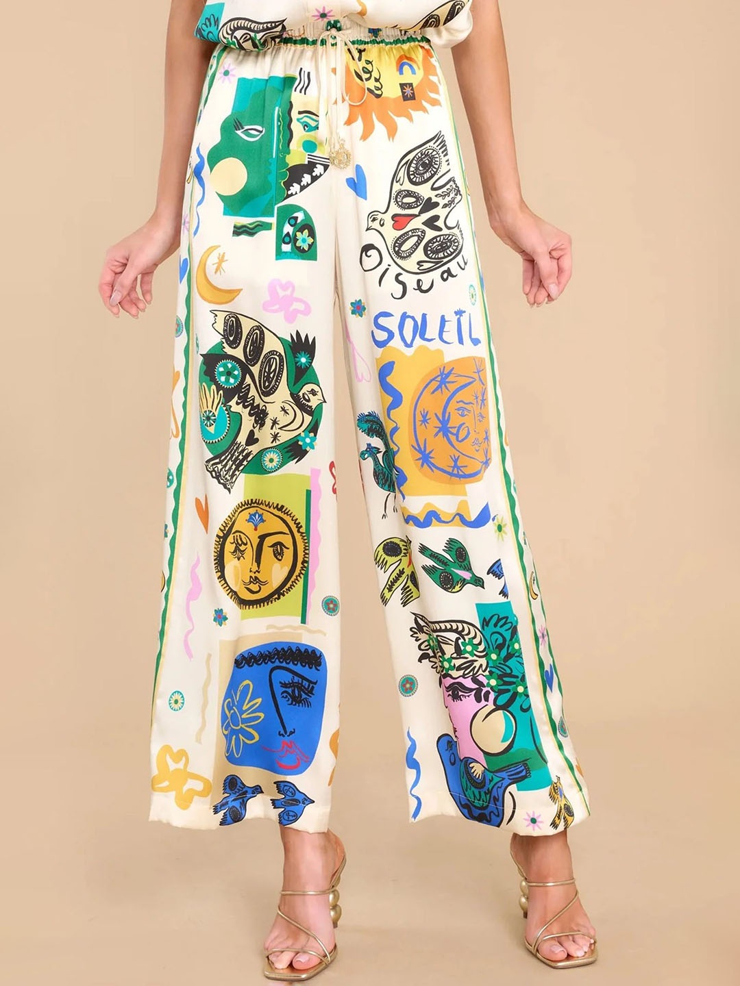 

LULU & SKY Women Conversational Printed Loose Fit High-Rise Parallel Trousers, White