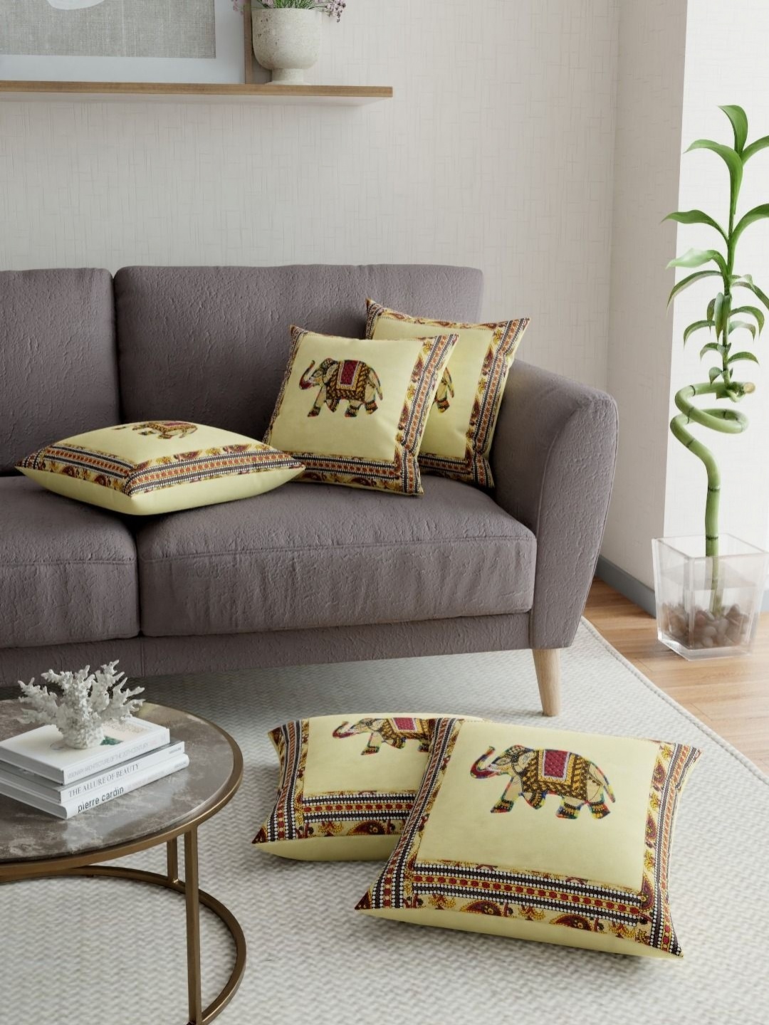 

JAIPUR FABRIC Cream-Coloured & Brown Embroidered Square Cushion Covers