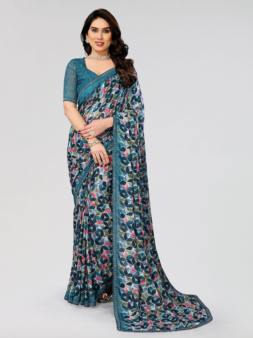 

ANAND SAREES Floral Mukaish Pure Georgette Saree, Blue