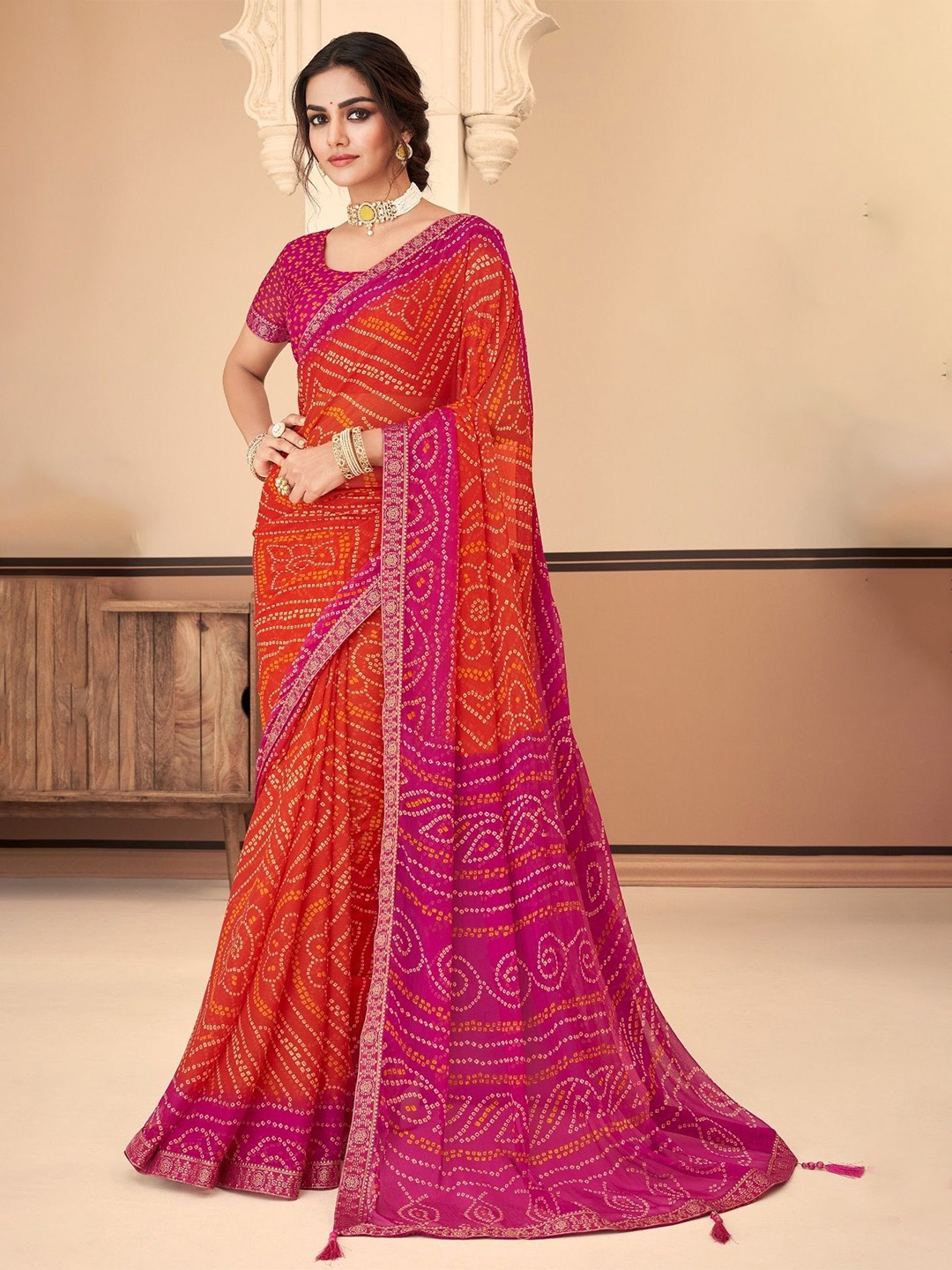 

Reboot Fashions Embroidered Pure Chiffon Bandhani Saree, Orange