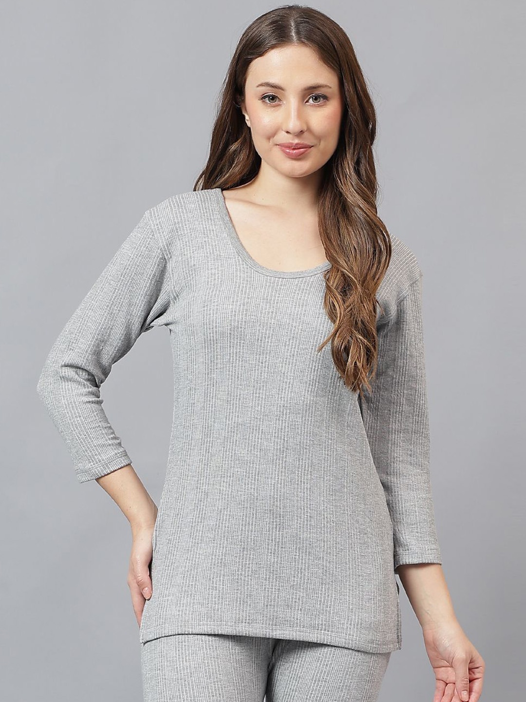 

JJAAGG T Women Round Neck Thermal Top, Grey melange