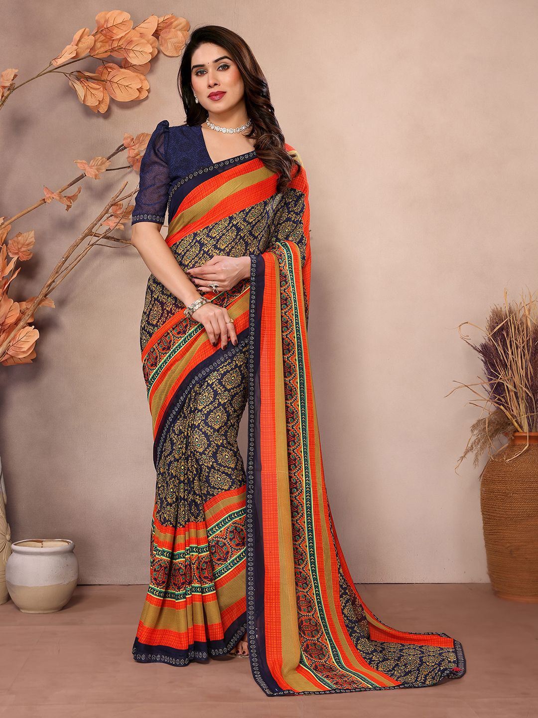 

ANAND SAREES Floral Pure Georgette Saree, Blue