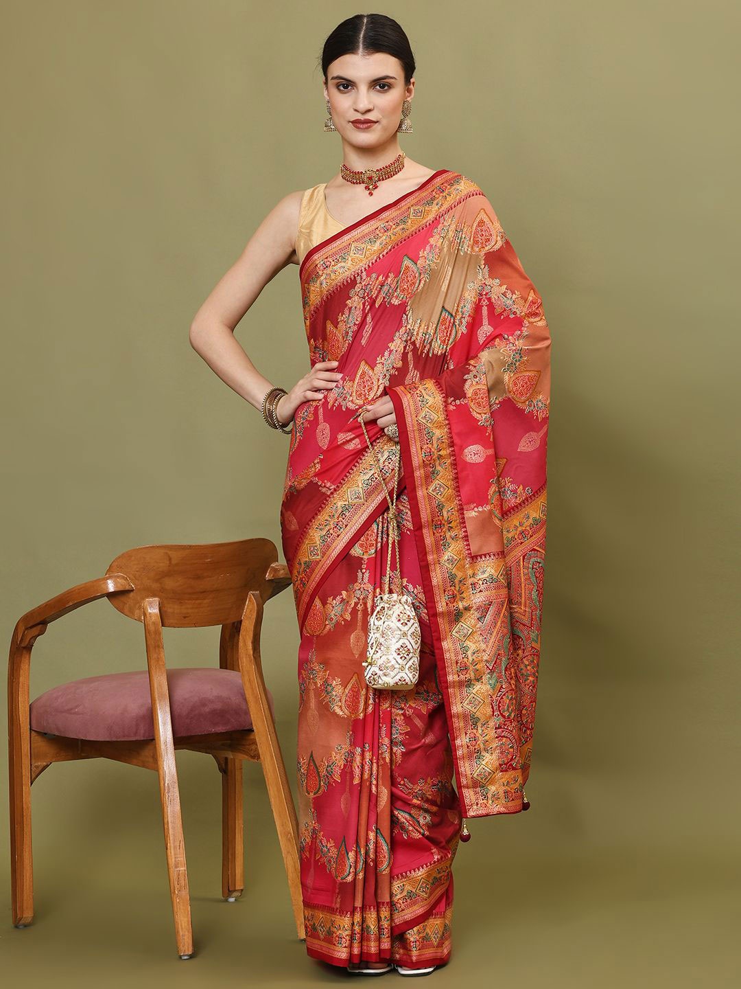 

Meena Bazaar Ethnic Motifs Zari Art Silk Saree, Pink