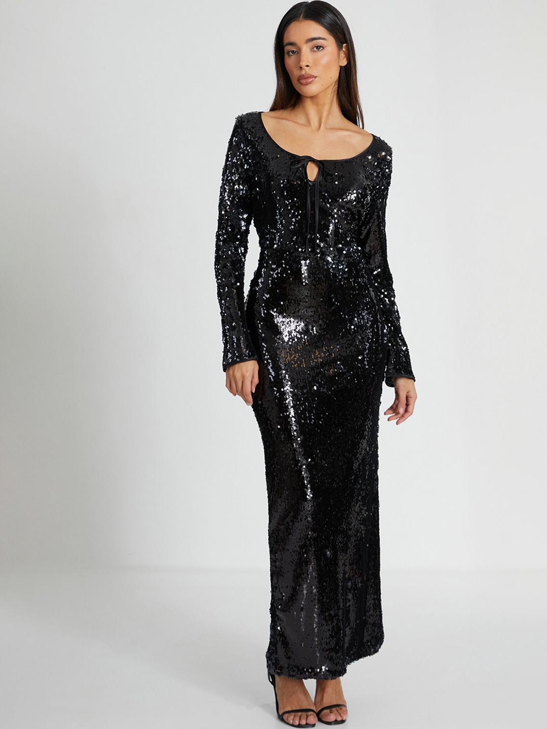 

QUIZ Scuba Sequin Embellished Bodycon Maxi Dress, Black