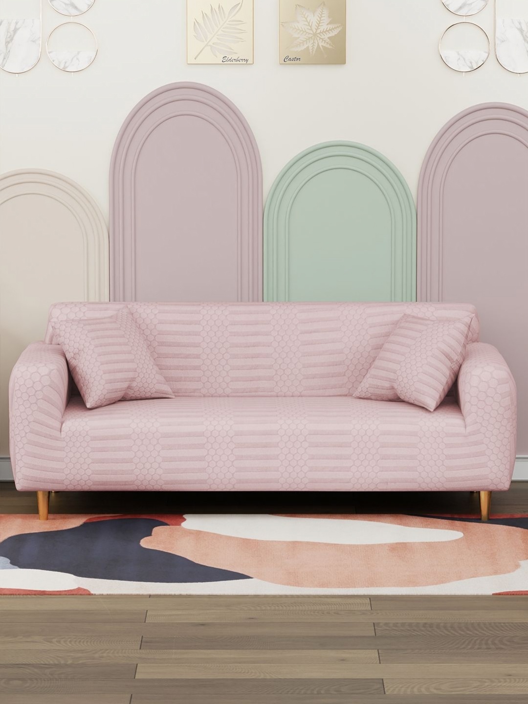 

Myntra Elegant Homes Pink Dotted Stripe Three Seater Sofa Cover With 2 Cushion Covers