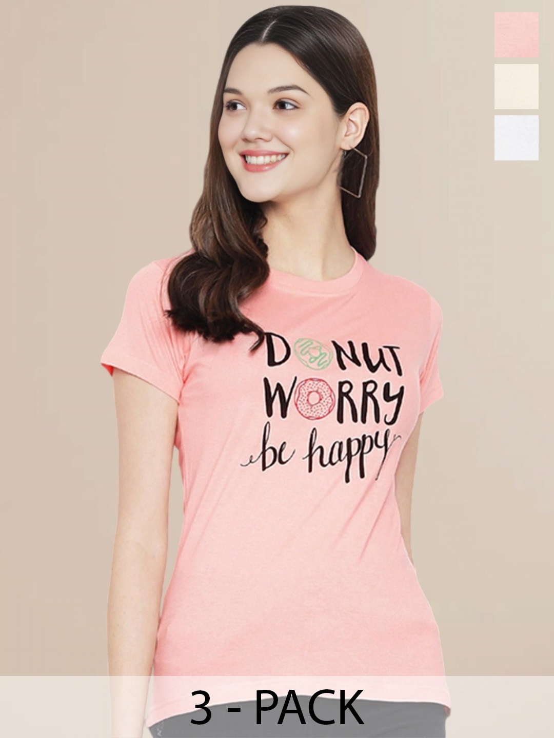 

Metronaut Women Pack Of 3 Typography Printed Round Neck Cotton T-shirts, Cream