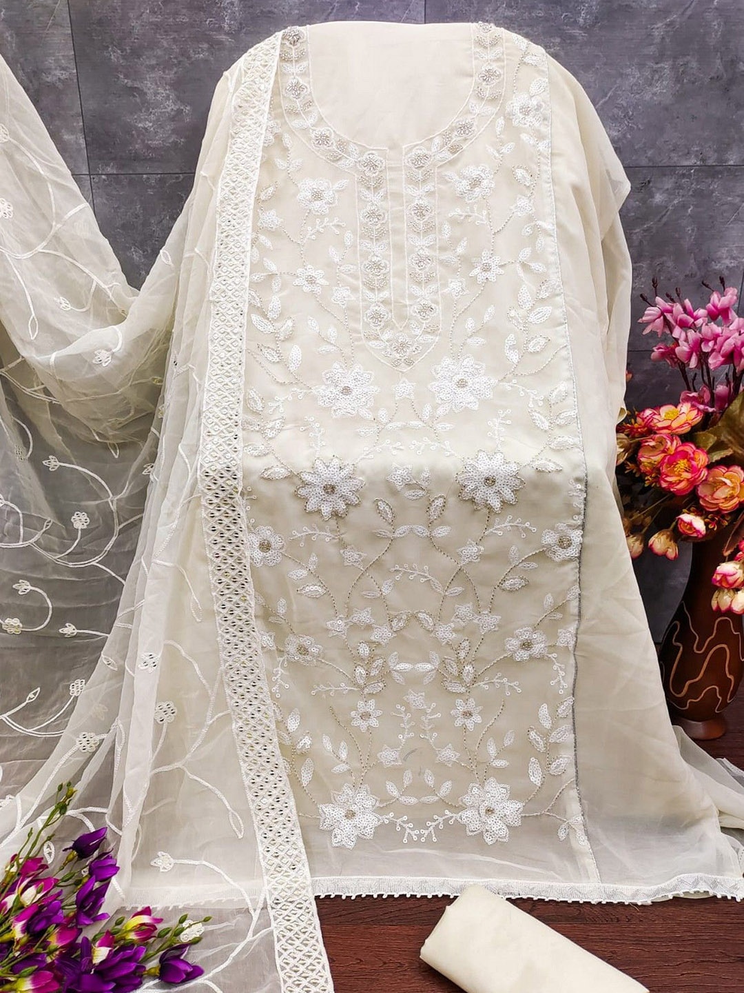 

mimi design Unstitched Dress Material, White