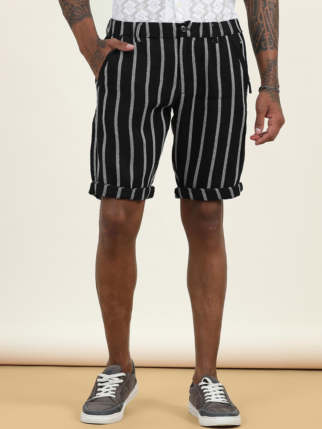 

beevee Men Striped High-Rise Technology Shorts, Black