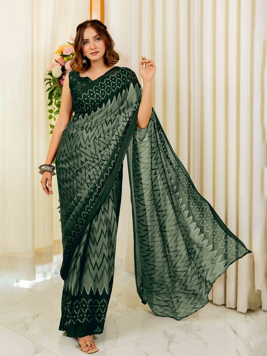 

KALINI Leheriya Poly Chiffon Leheriya Saree, Green