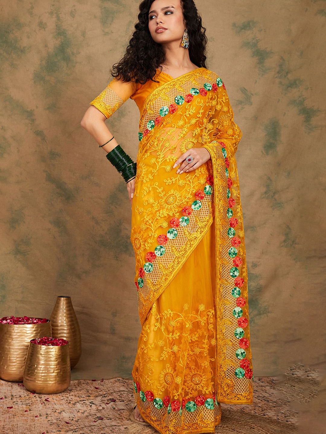 

Suha Embellished Beads and Stones Supernet Ready to Wear Saree, Yellow