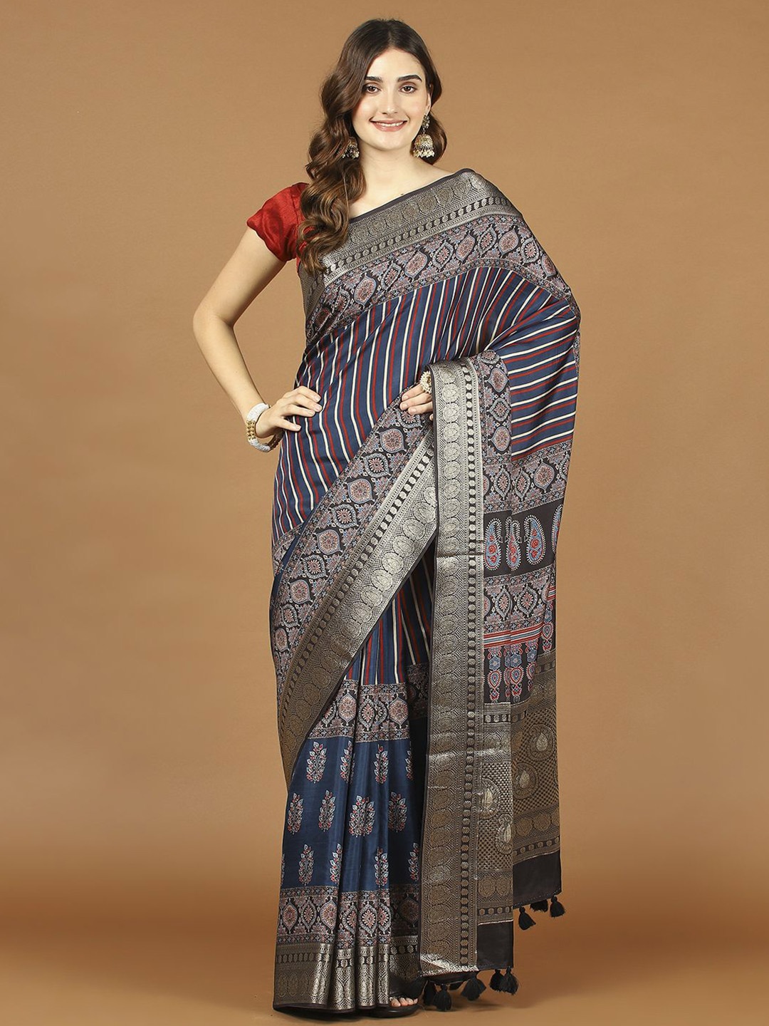 

Meena Bazaar Striped Zari Art Silk Saree, Navy blue