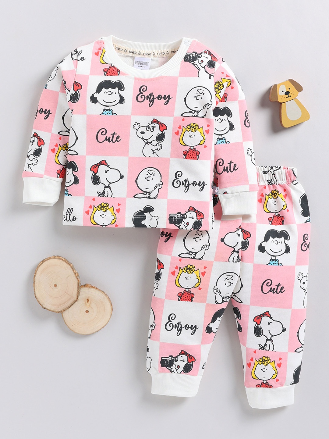 

YK X Tinyo Infants Girls Peanuts Printed Pure Cotton T-shirt and Jogger, Pink