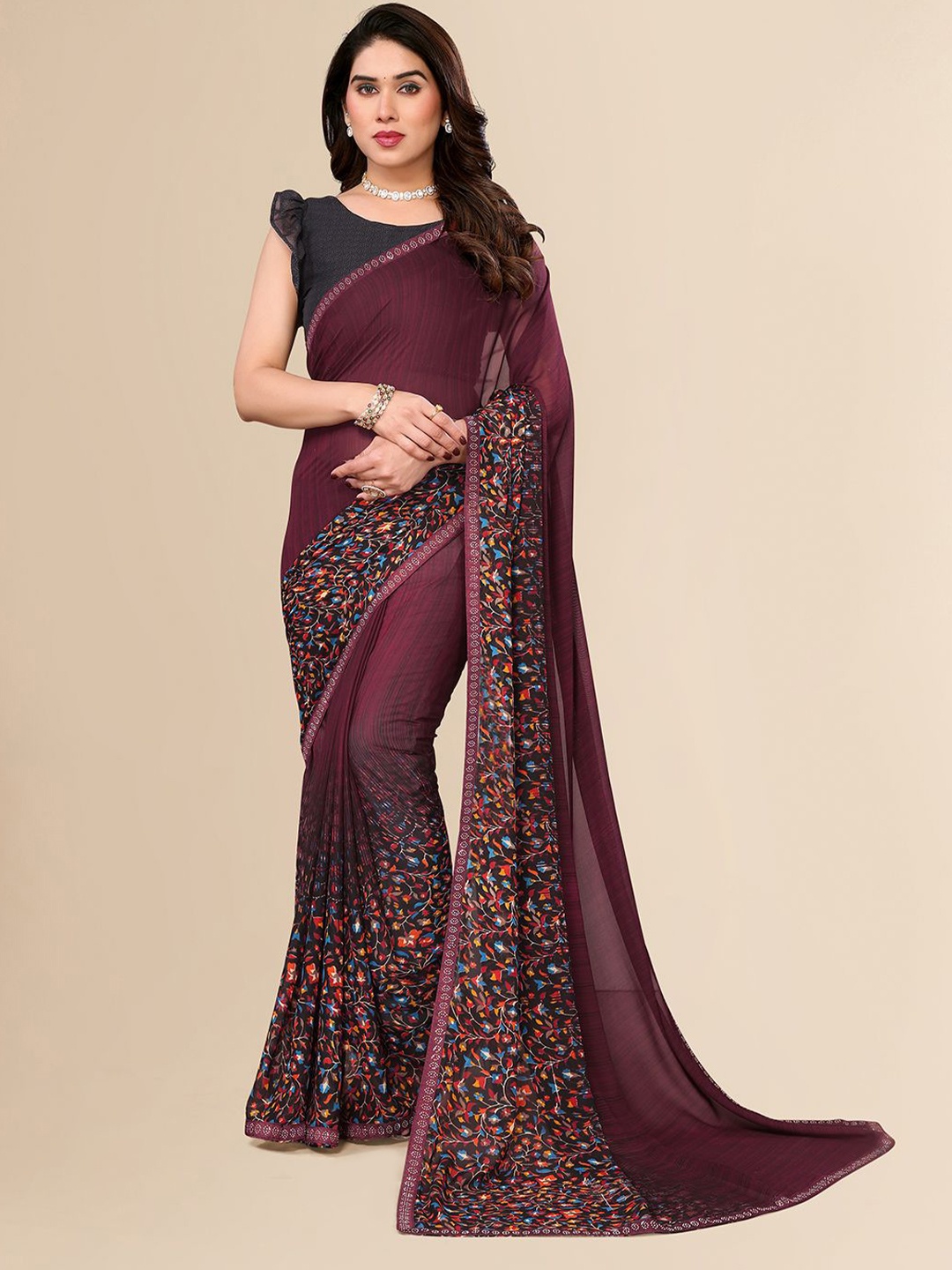 

ANAND SAREES Floral Beads and Stones Pure Georgette Saree, Brown