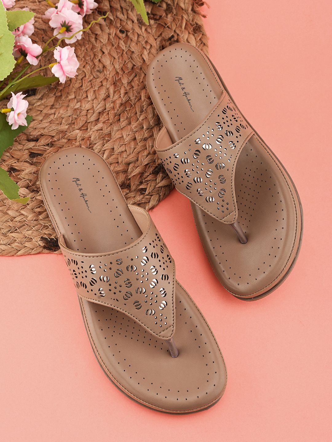 

Mast & Harbour Women Embellished One Toe Flats with Laser Cuts, Beige
