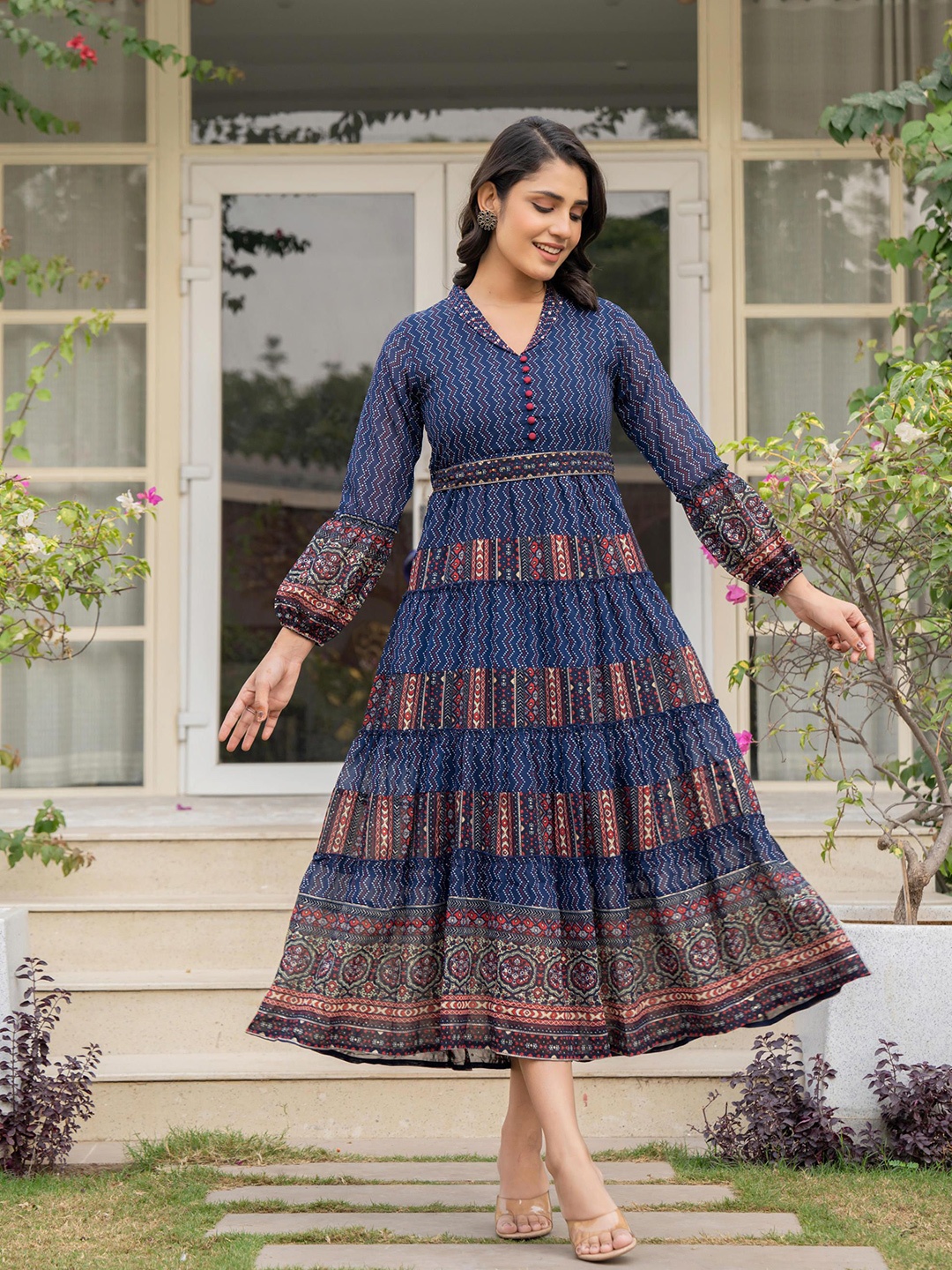 

Juniper Ethnic Motifs Print Bell Sleeve Georgette A-Line Maxi Dress, Navy blue