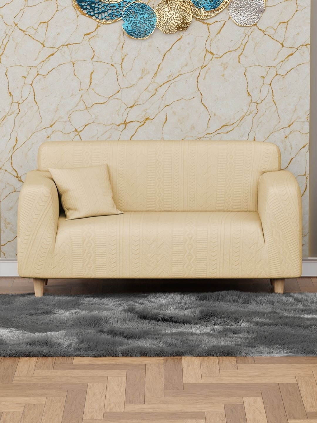 

Myntra Elegant Homes Yellow Self Design Sofa Cover With Arms & 1 Cushion Cover