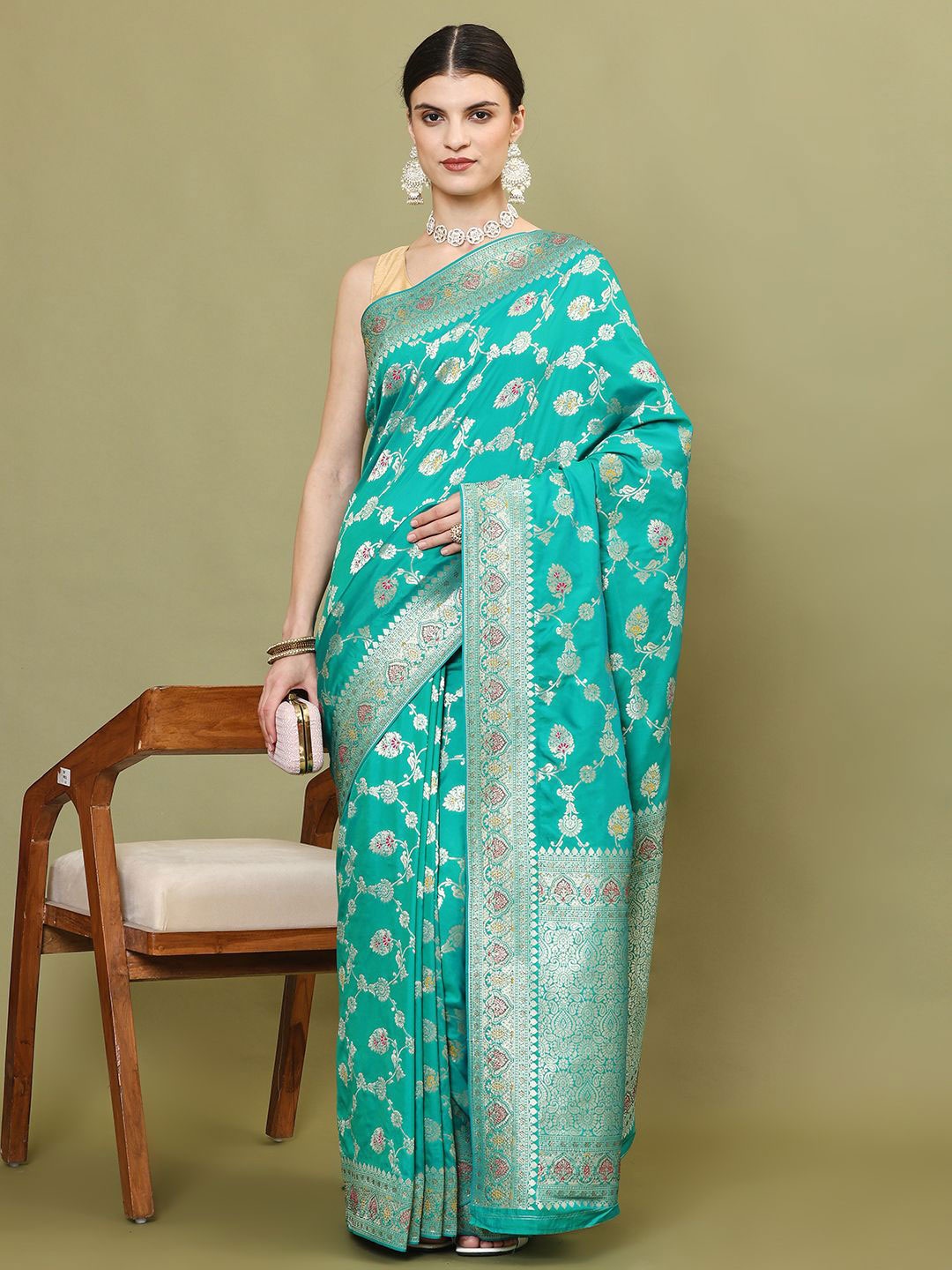 

Meena Bazaar Ethnic Motifs Woven Jaal Art Silk Banarasi Saree, Sea green