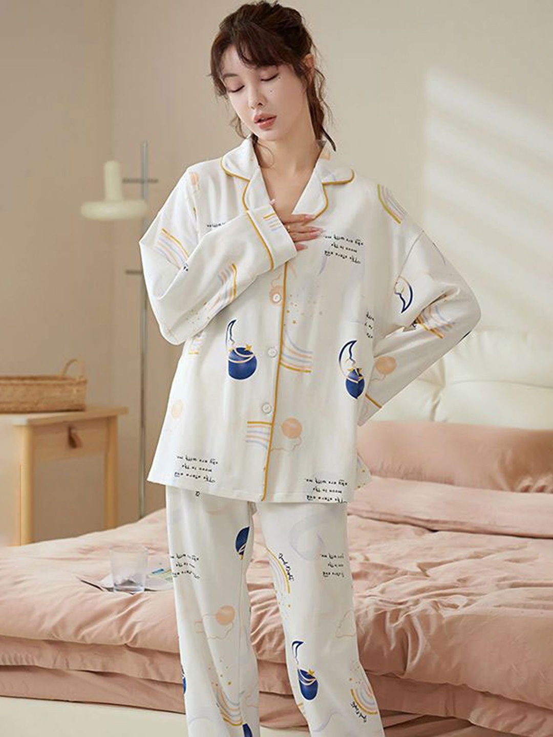 

LULU & SKY Women Graphic Printed Shirt Pyjama Set Night suit, White