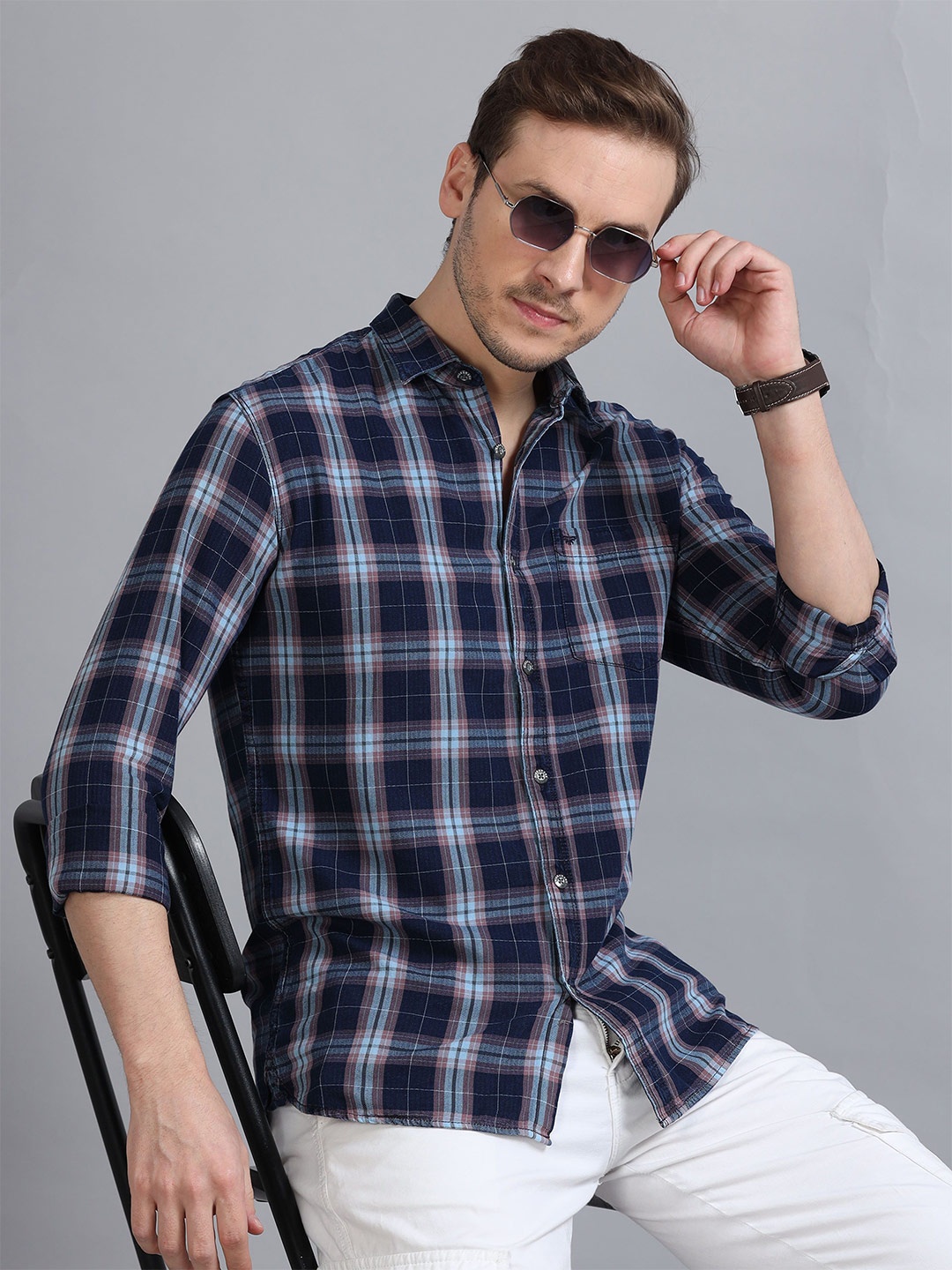 

RIGS AND RAGS Men Comfort Tartan Checks Opaque Checked Casual Shirt, Navy blue