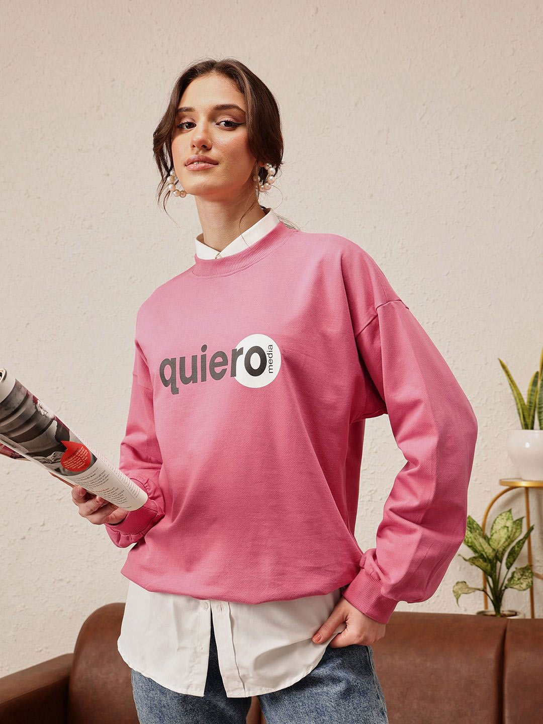 

QUIERO Women Printed Sweatshirt, Pink