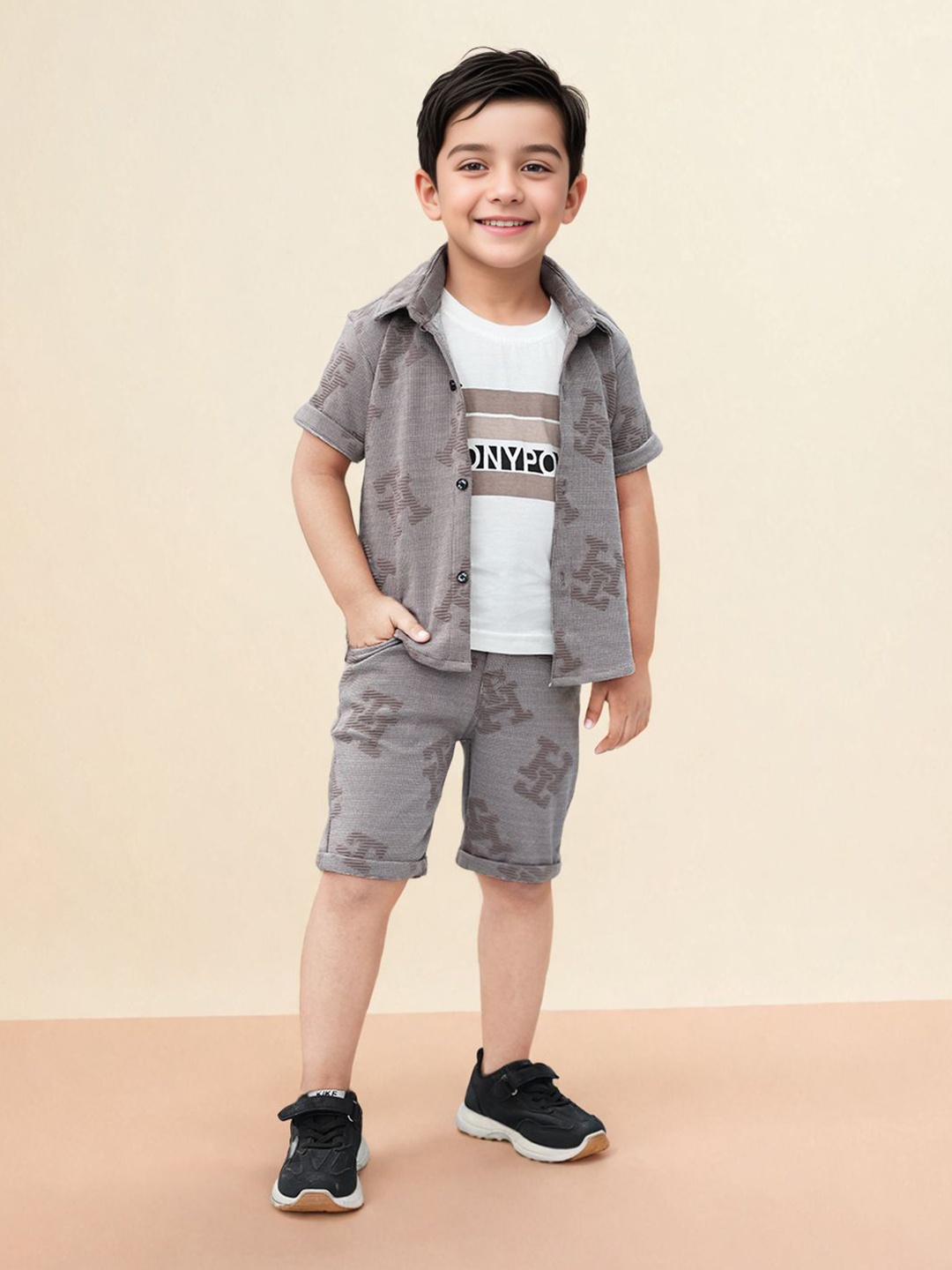 

Toonyport Boys Printed T-shirt and Shirt with Shorts, Brown