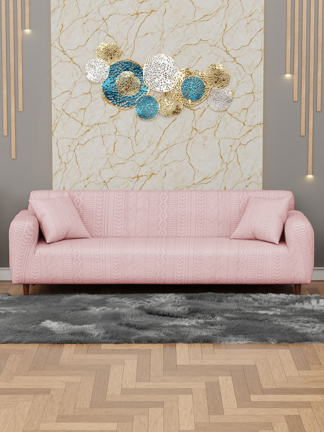 

Myntra Elegant Homes Pink Jacquard Sofa Cover With Arms & 2 Cushion Covers