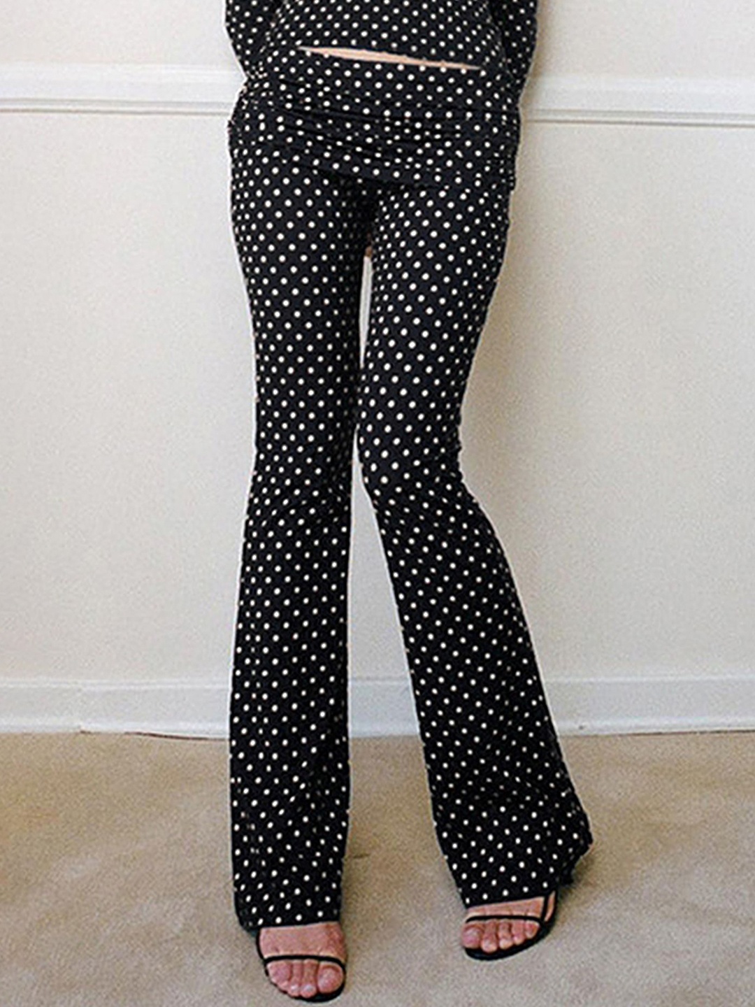 

LULU & SKY Women Polka Dot Printed Mid Rise Flared Trousers, Black
