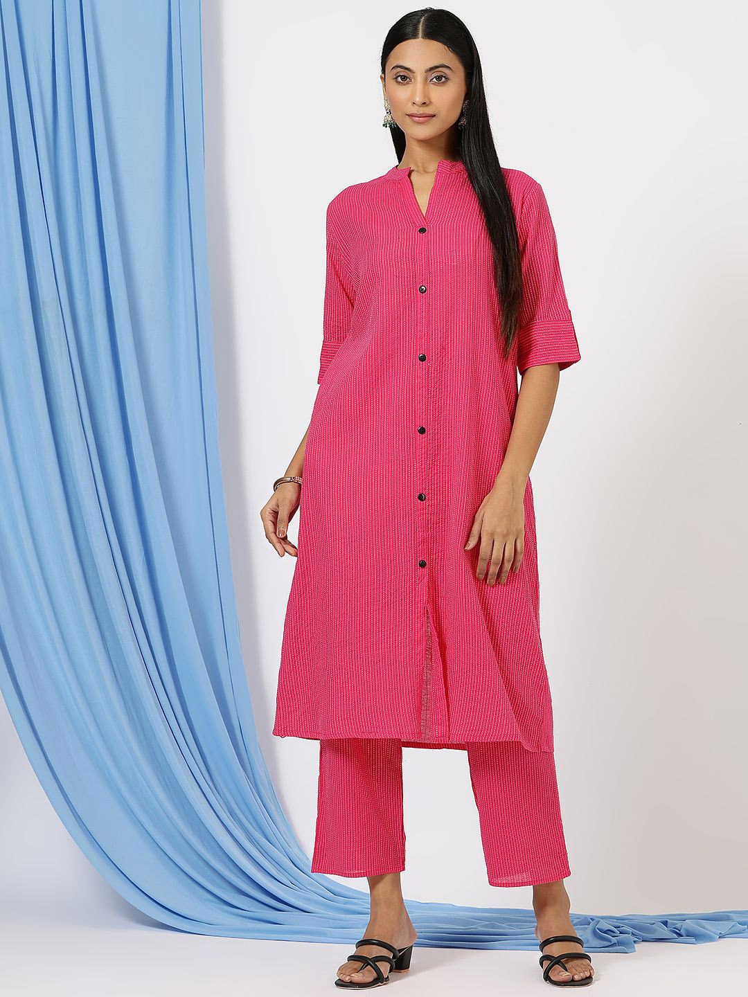 

Anushil Mandarin Collar Striped Tunic With Trouser, Pink