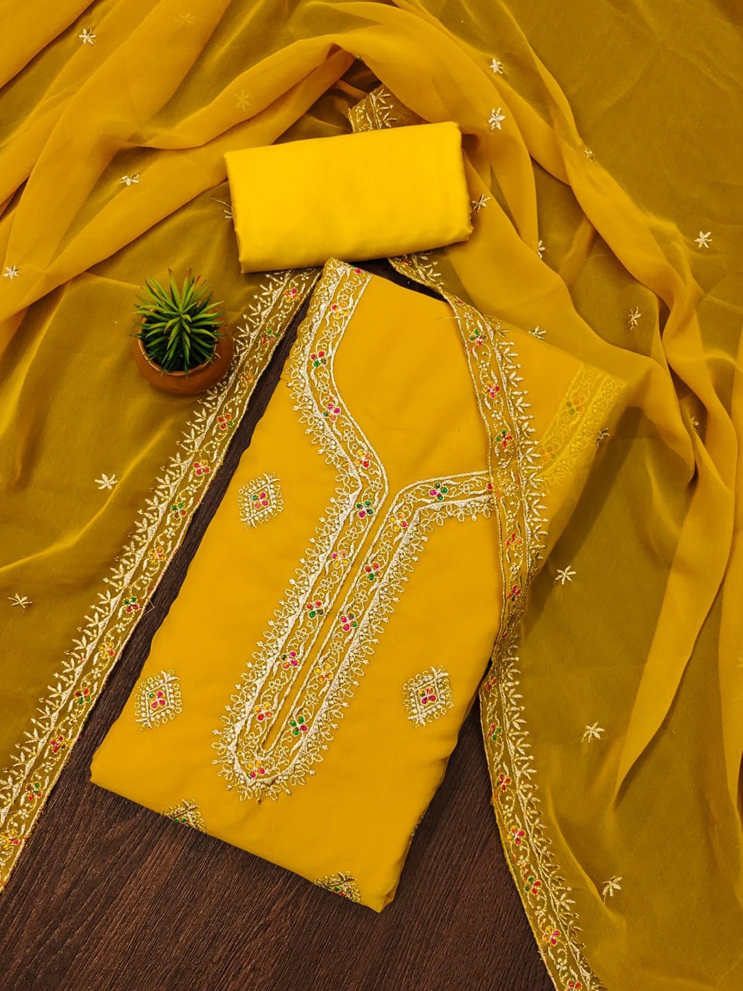 

ZEEPKART Silk Georgette Unstitched Dress Material, Gold