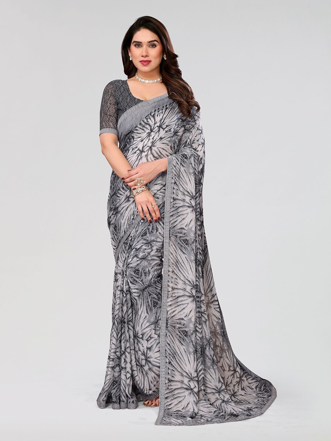 

ANAND SAREES Beads and Stones Pure Georgette Saree, Grey