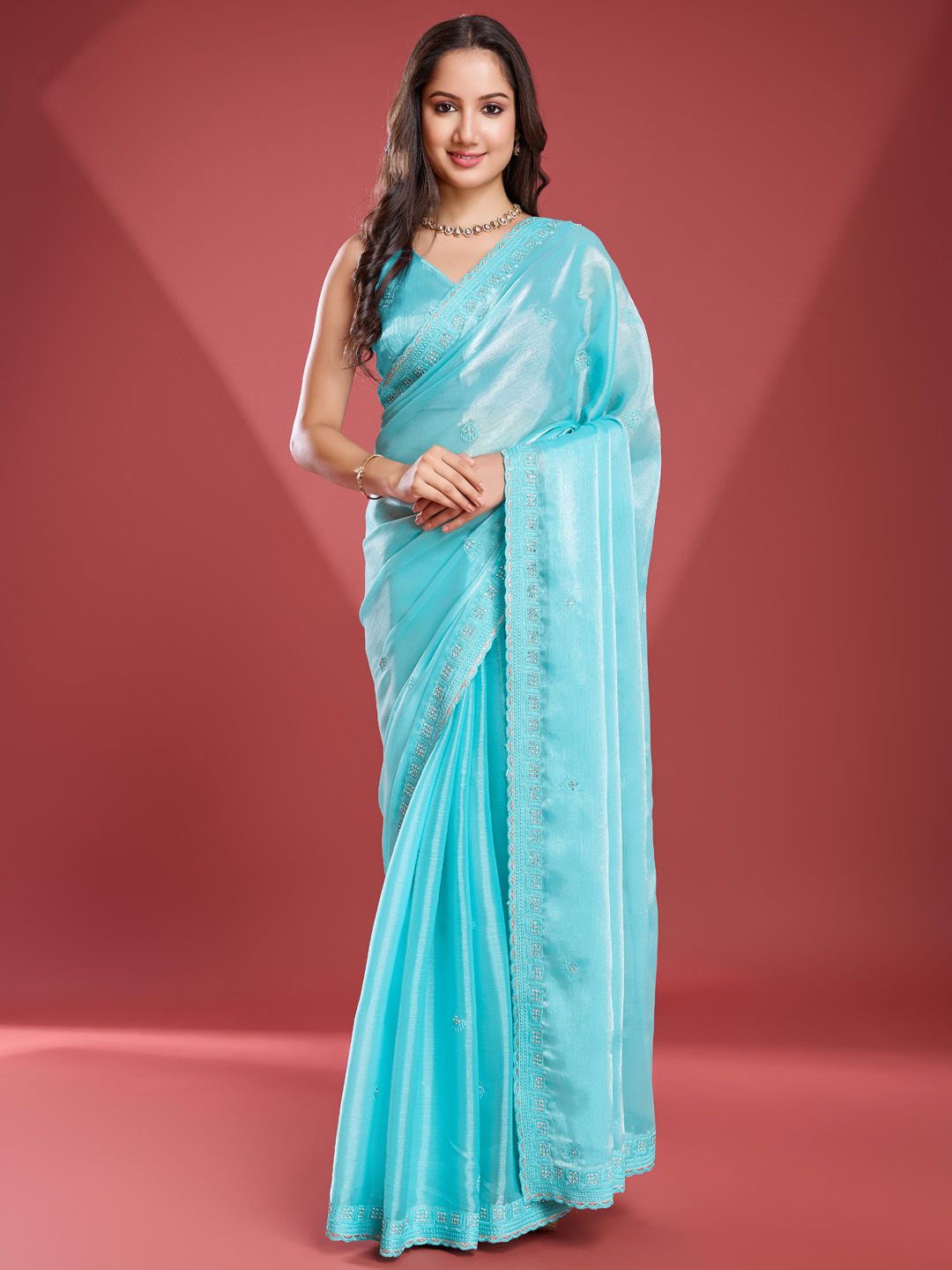 

Meena Bazaar Sequin Embroidered Organza Saree, Sea green