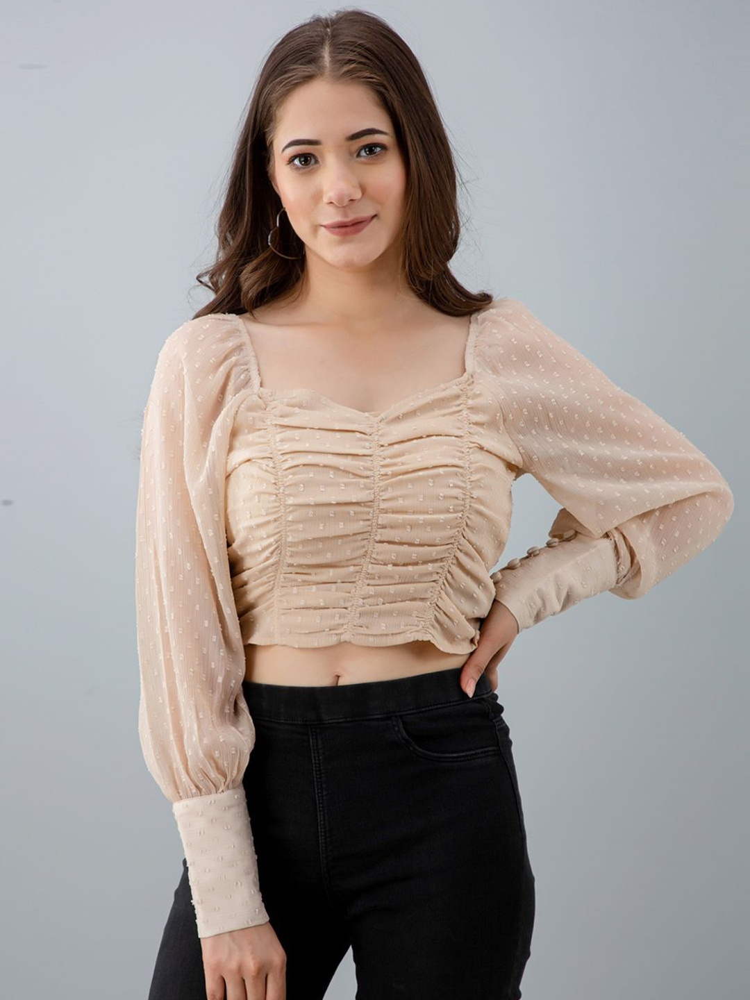 

all about you Sweetheart Neck Puff Sleeve Crop Top, Beige