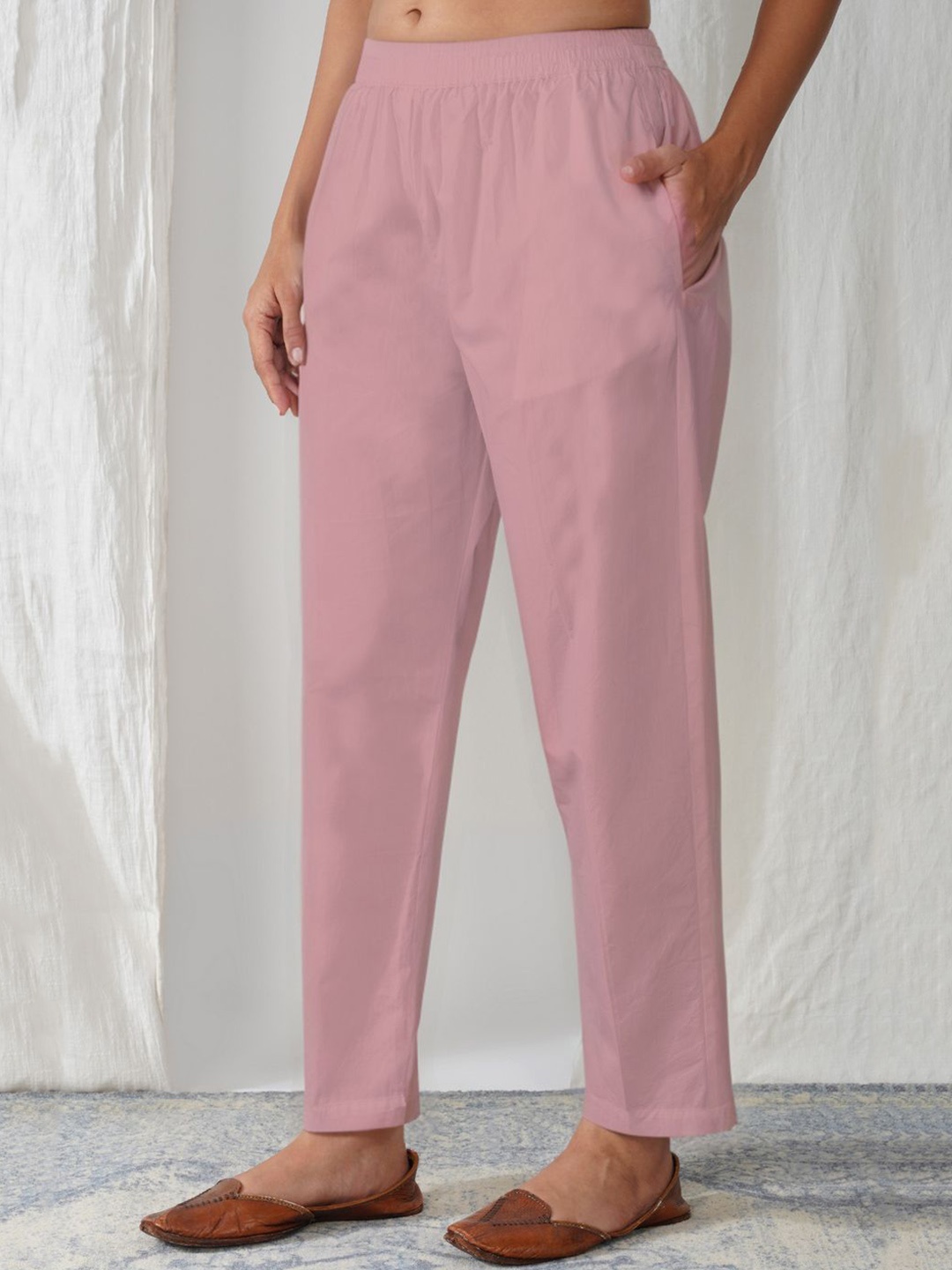 

zuri Women Cotton Relaxed Straight Leg Trousers, Pink