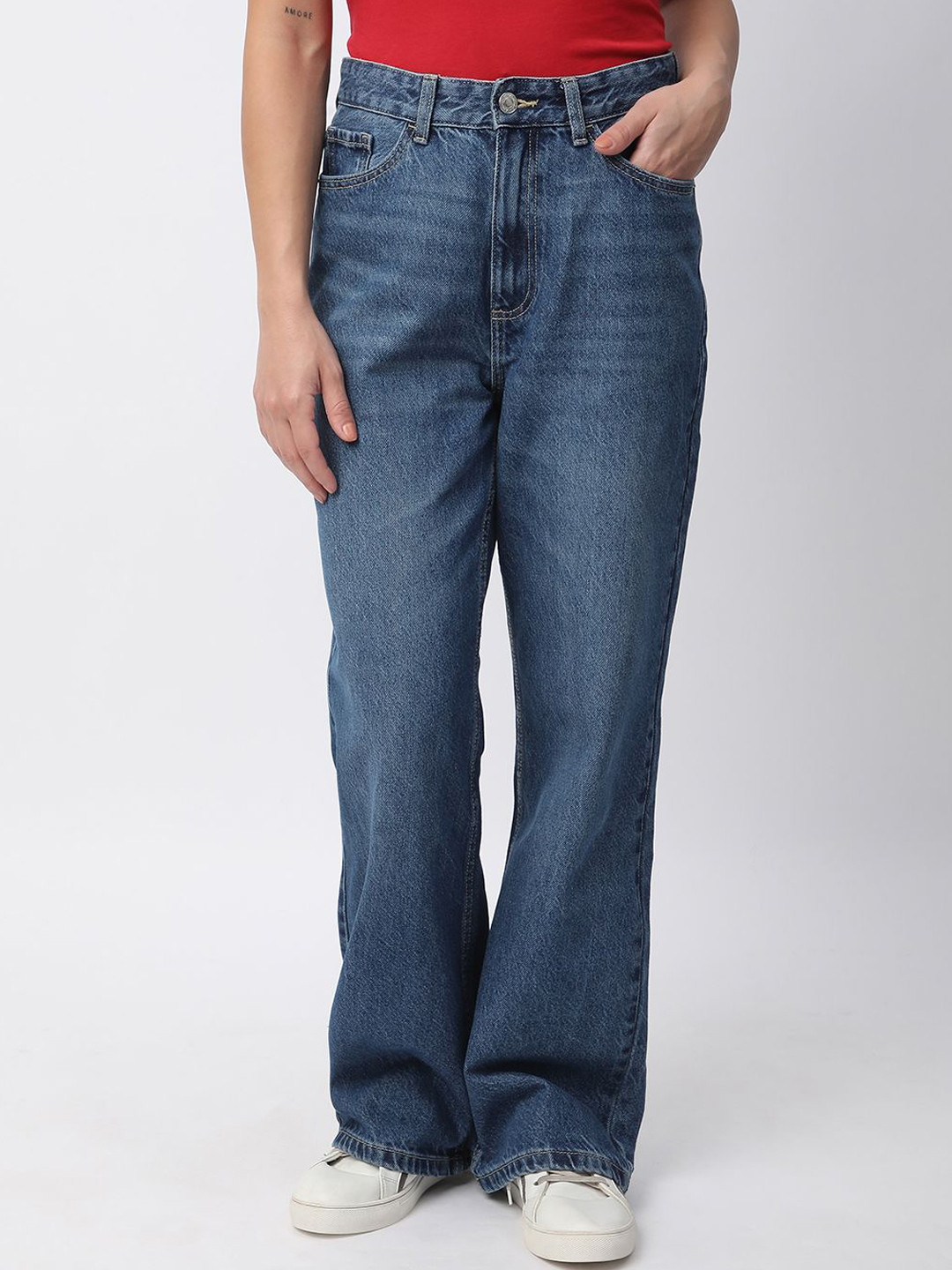 

R&B Women Relaxed Fit High-Rise Low Distress Light Fade Cotton Jeans, Blue