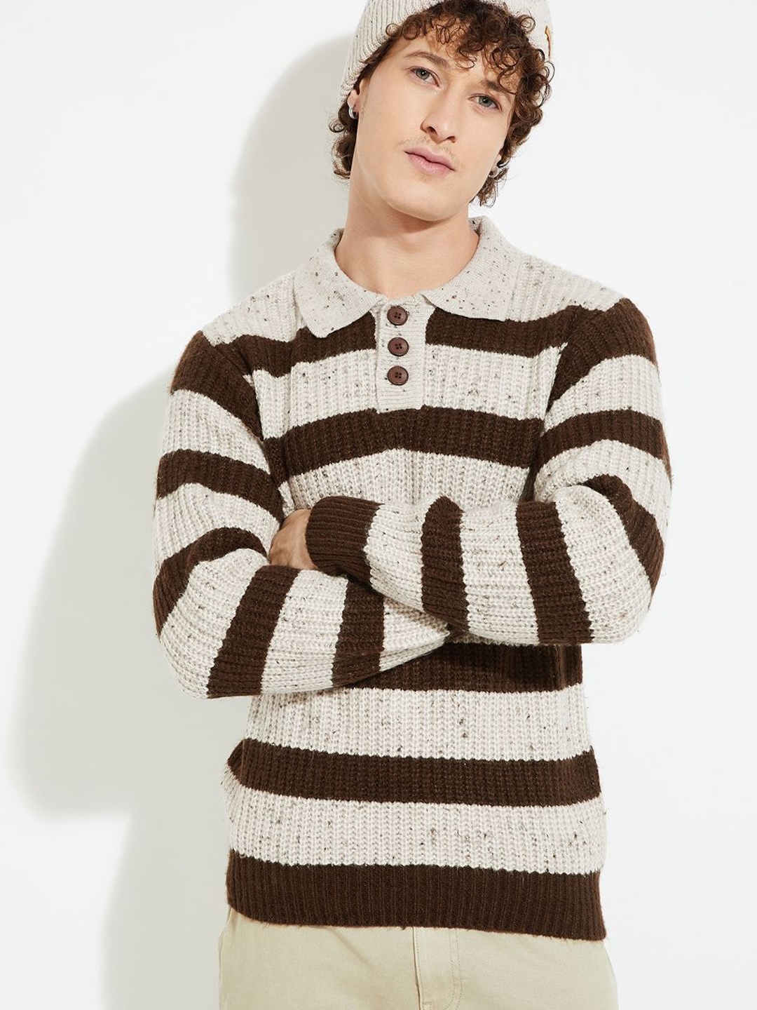 

MAX URB_N Men Striped Heavy Knit Sweater, Brown