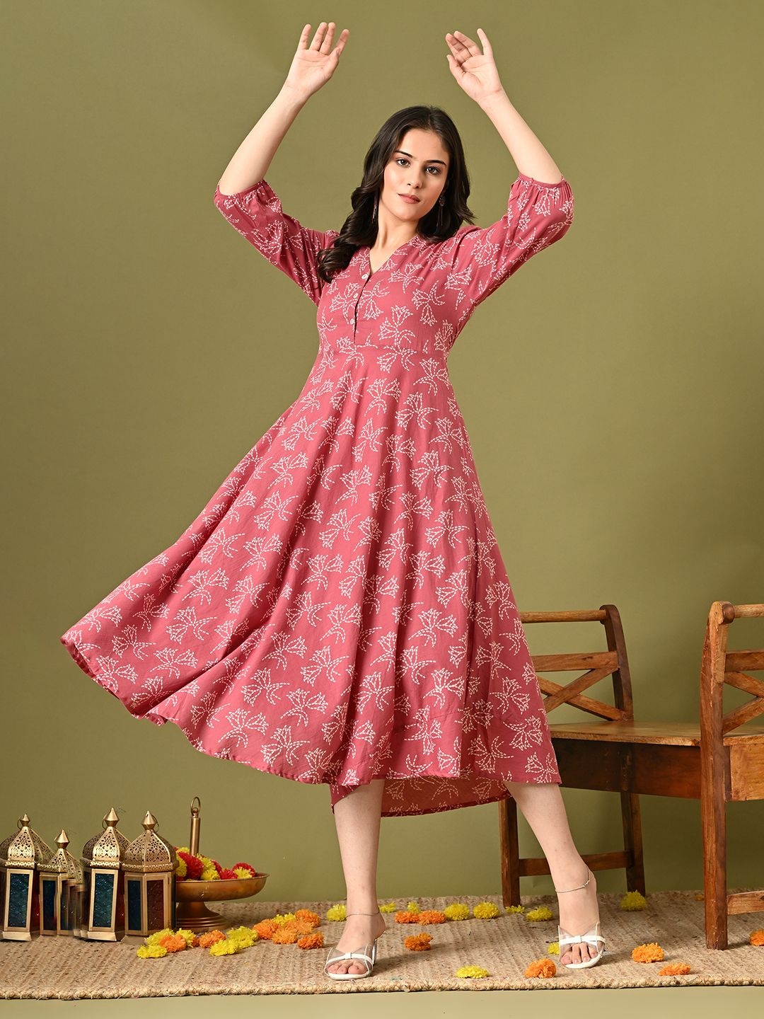 

KALINI Floral Print A-Line Midi Dress, Peach