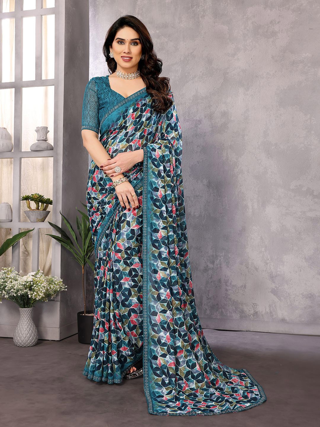 

ANAND SAREES Floral Mukaish Pure Georgette Saree, Blue